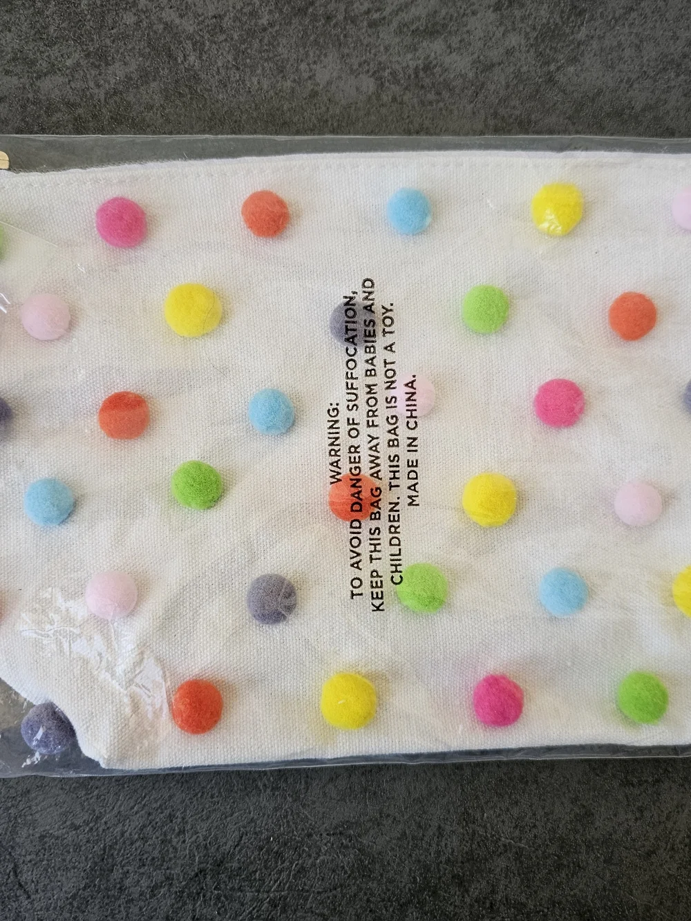 White Pom-Pom Cosmetic Pouch with Multicolor Dots
